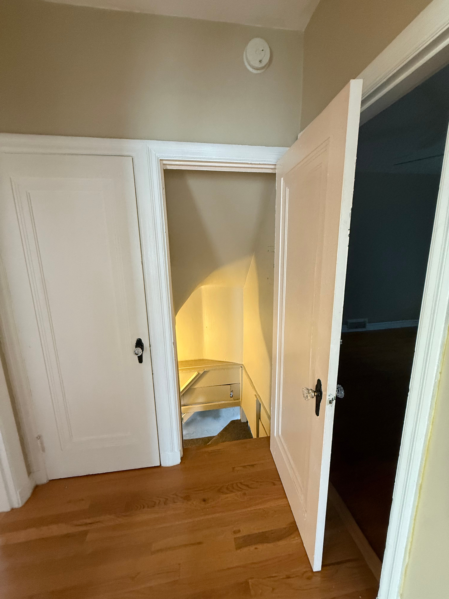 Hallway door revealing basement stairs
