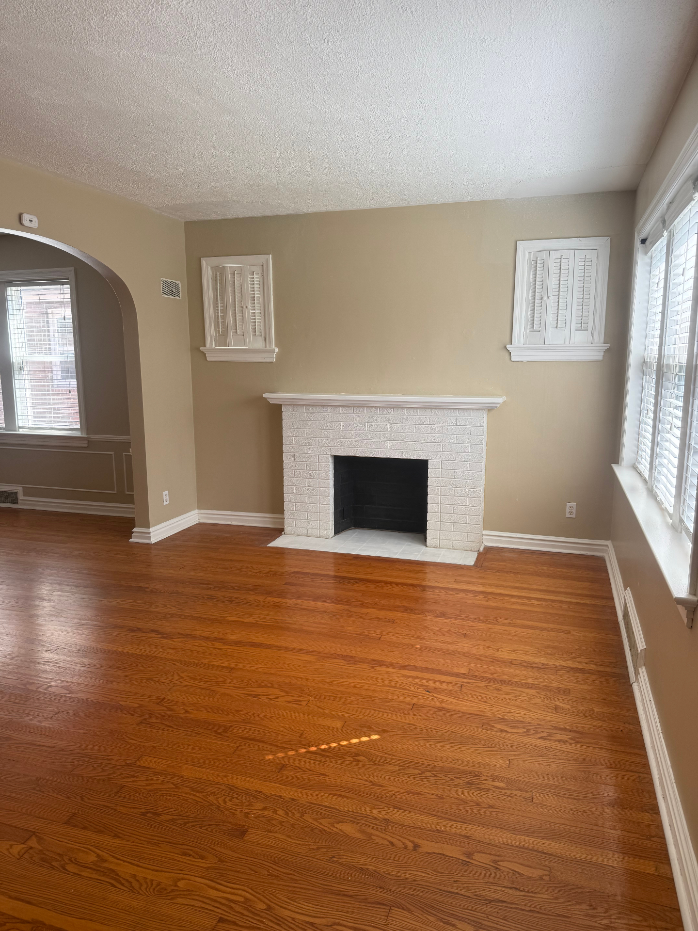 Living room fireplace with shuttered niches